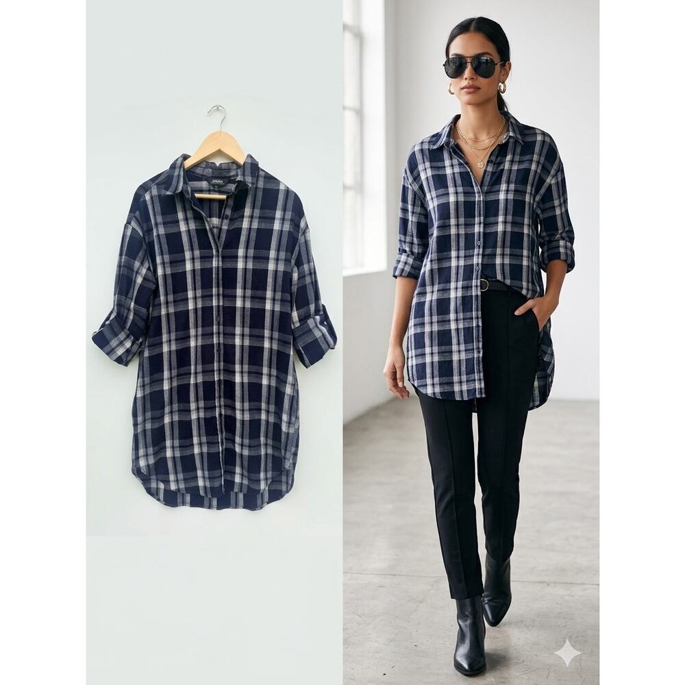 Lulus Plaid Button Down Shirt Medium Blue White Flannel Roll Tab Sleeve Casual